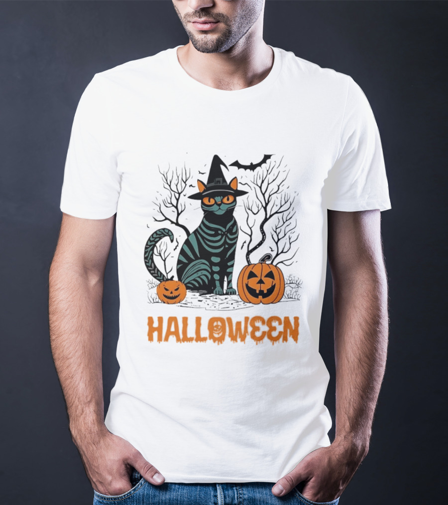 Halloween Skeleton Cat Witch Hat Pumpkins Spooky Forest Scene T-Shirt