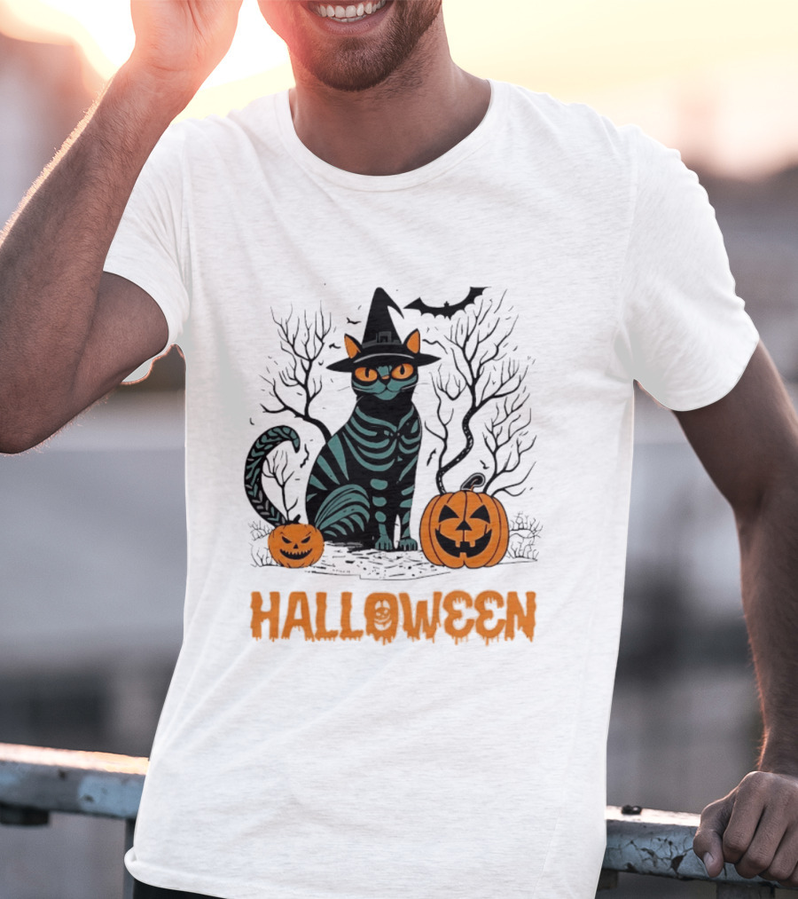 Halloween Skeleton Cat Witch Hat Pumpkins Spooky Forest Scene T-Shirt