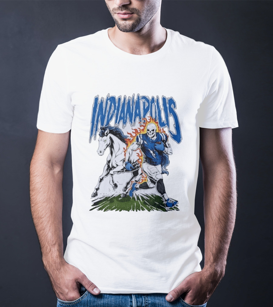 Indianapolis Football Skull And Horse Sports Flame Player Running T-Shirt