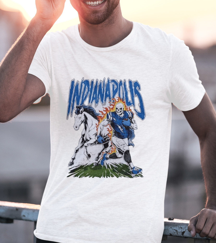Indianapolis Football Skull And Horse Sports Flame Player Running T-Shirt