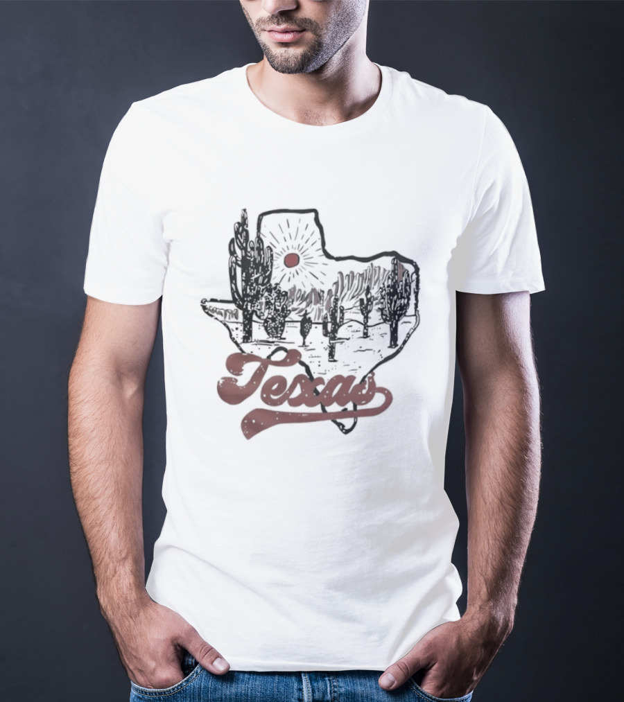 Texas Cacti Sun Rays Desert Scene Map T-Shirt