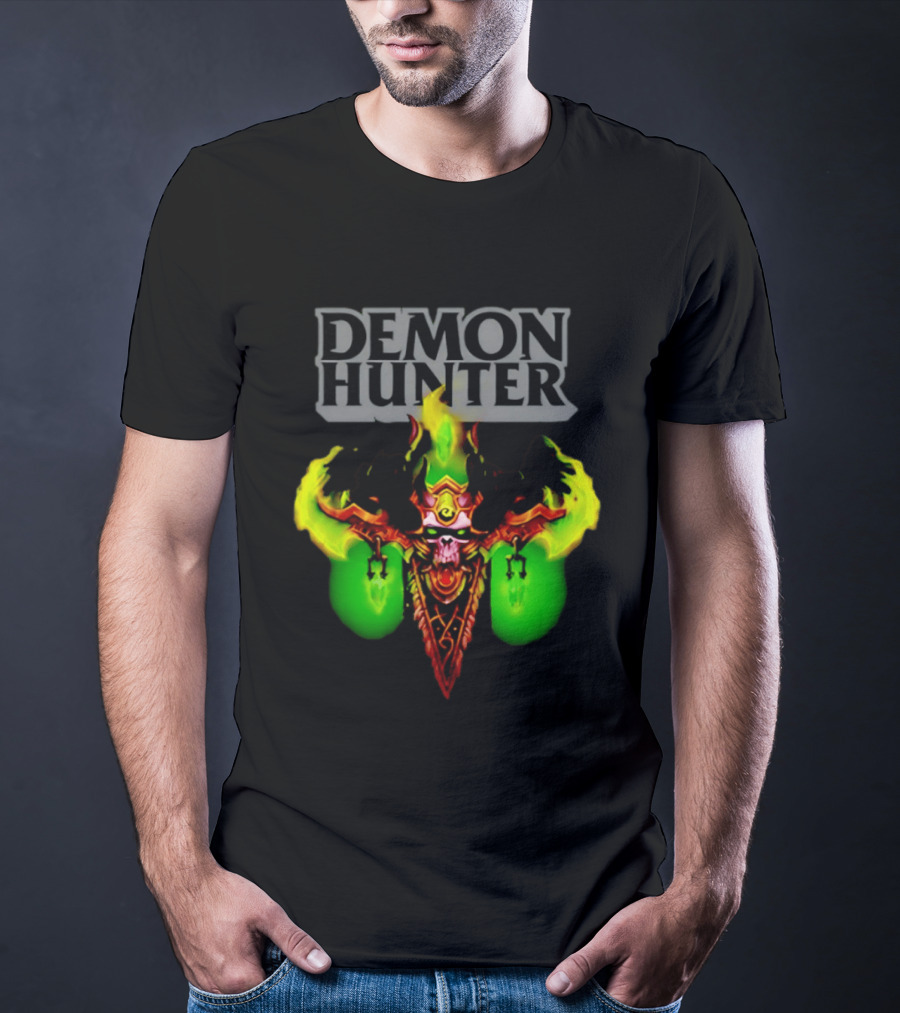 Demon Hunter Skull World Of Warcraft Emblem With Green Flame Accents T-Shirt