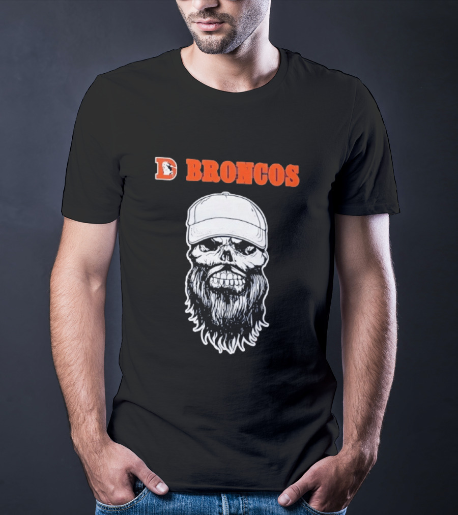 Broncos Bearded Skull With Cap Football Fan T-Shirt