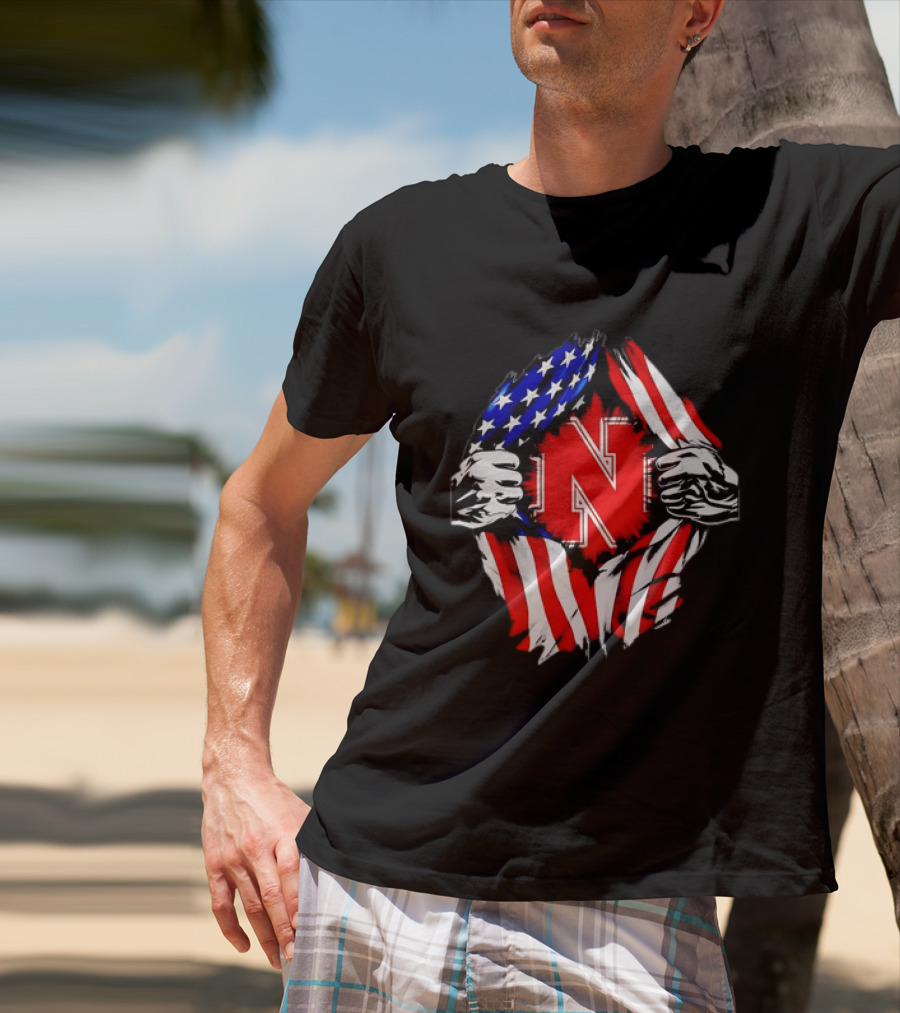 Nebraska Cornhuskers N Logo Ripped American Flag T-Shirt