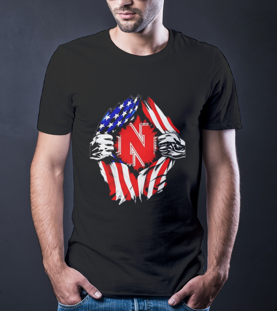 Nebraska Cornhuskers N Logo Ripped American Flag T-Shirt