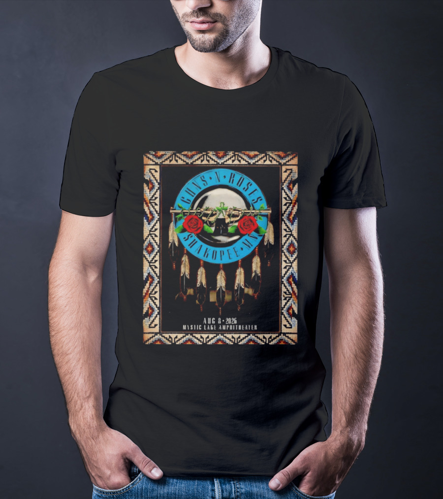 Guns N' Roses Shakopee MN August 8 2026 Mystic Lake Amphitheater Beaded Border Feathers Roses T-Shirt