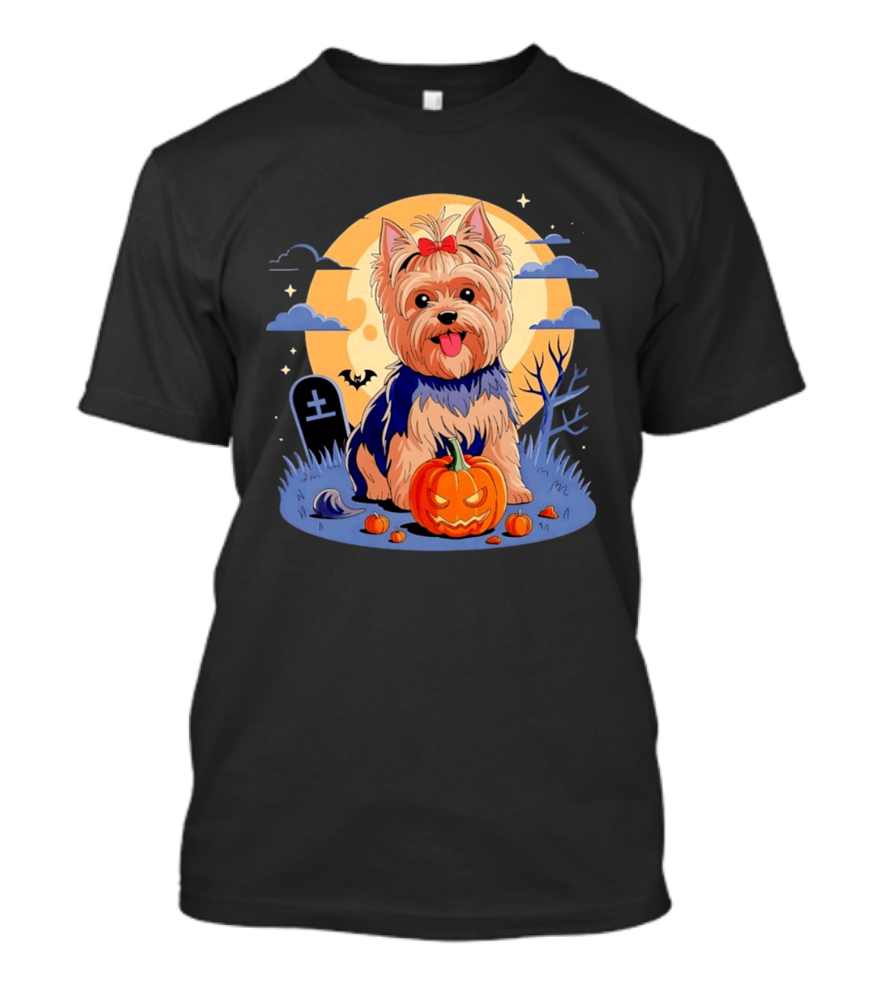 Yorkshire Terrier With Pumpkin On Spooky Halloween Night T-Shirt