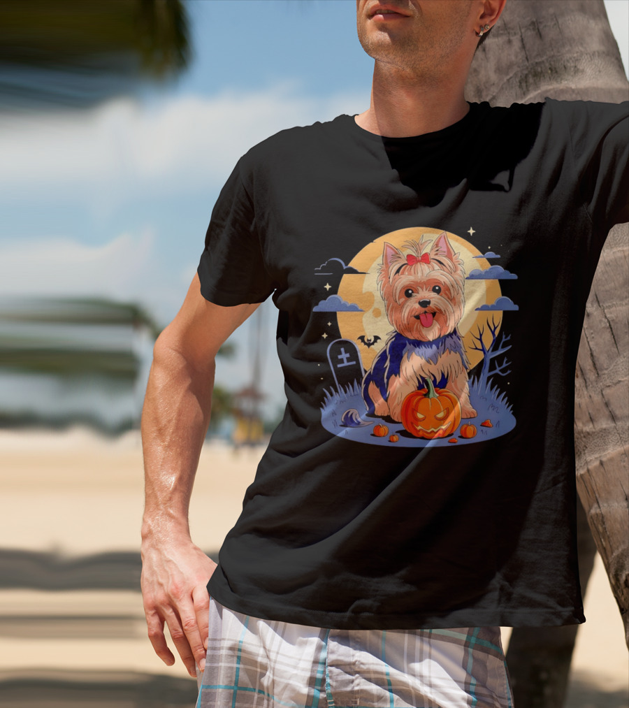 Yorkshire Terrier With Pumpkin On Spooky Halloween Night T-Shirt
