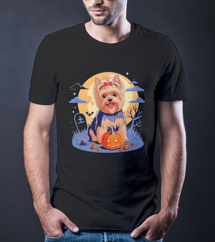 Yorkshire Terrier With Pumpkin On Spooky Halloween Night T-Shirt