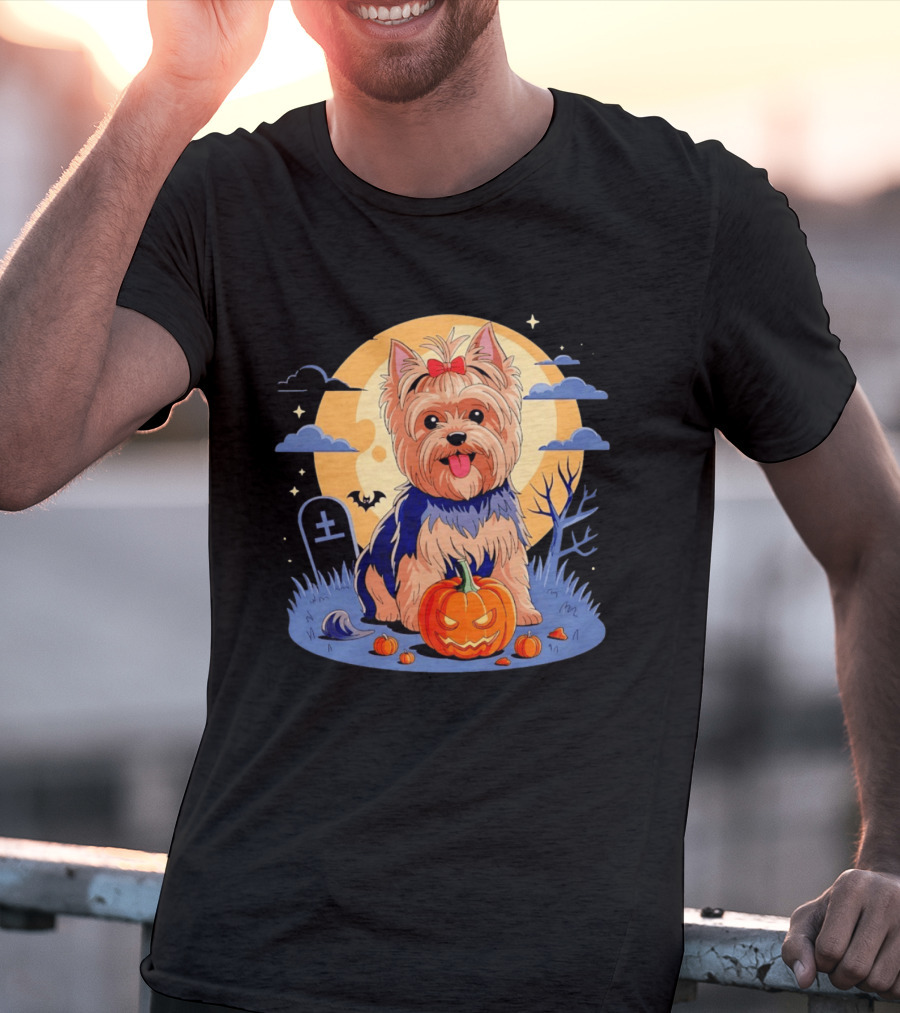 Yorkshire Terrier With Pumpkin On Spooky Halloween Night T-Shirt