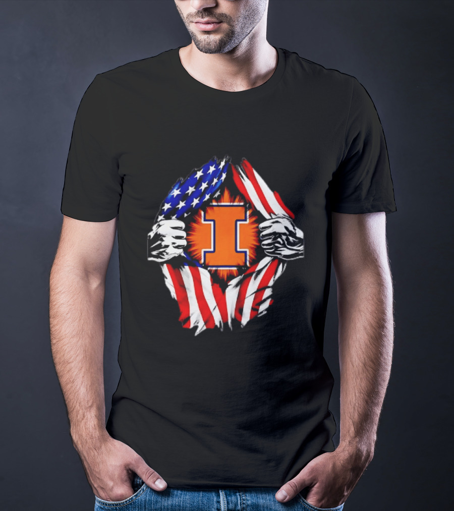 Illinois Fighting Illini I Letter American Flag Patriotic Rip T-Shirt