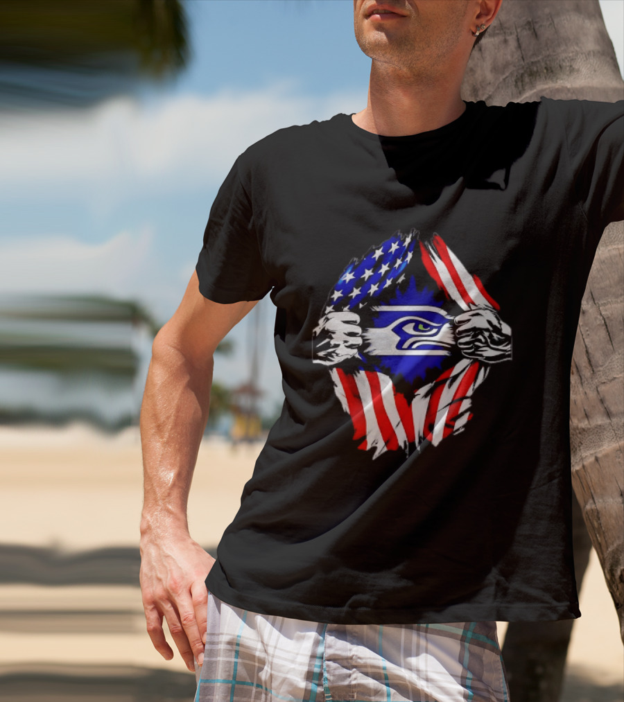 Seattle Seahawks American Flag Ripped Chest USA Fan Gear T-Shirt