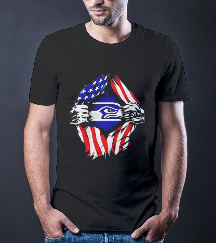 Seattle Seahawks American Flag Ripped Chest USA Fan Gear T-Shirt