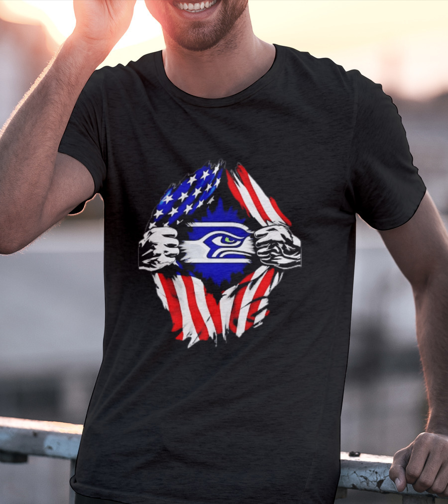 Seattle Seahawks American Flag Ripped Chest USA Fan Gear T-Shirt