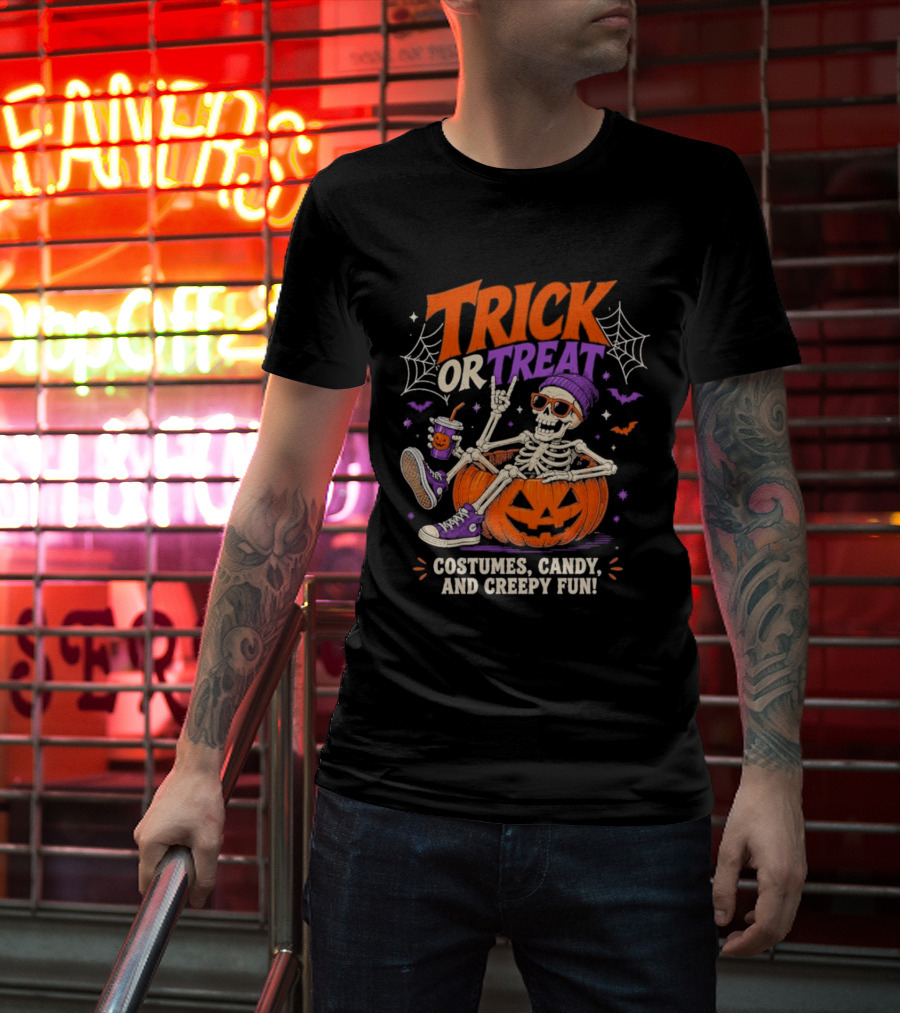 Skeleton Trick Or Treat Costumes Candy And Creepy Fun Halloween Party T-Shirt