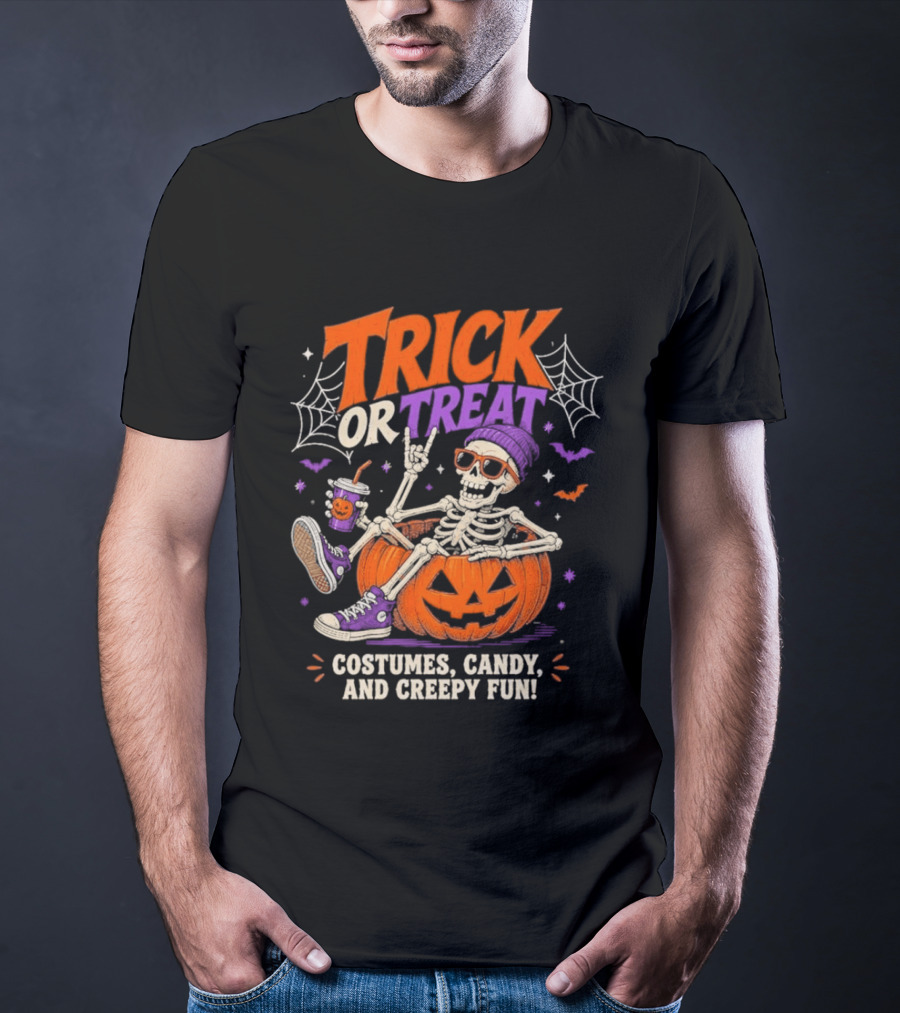 Skeleton Trick Or Treat Costumes Candy And Creepy Fun Halloween Party T-Shirt