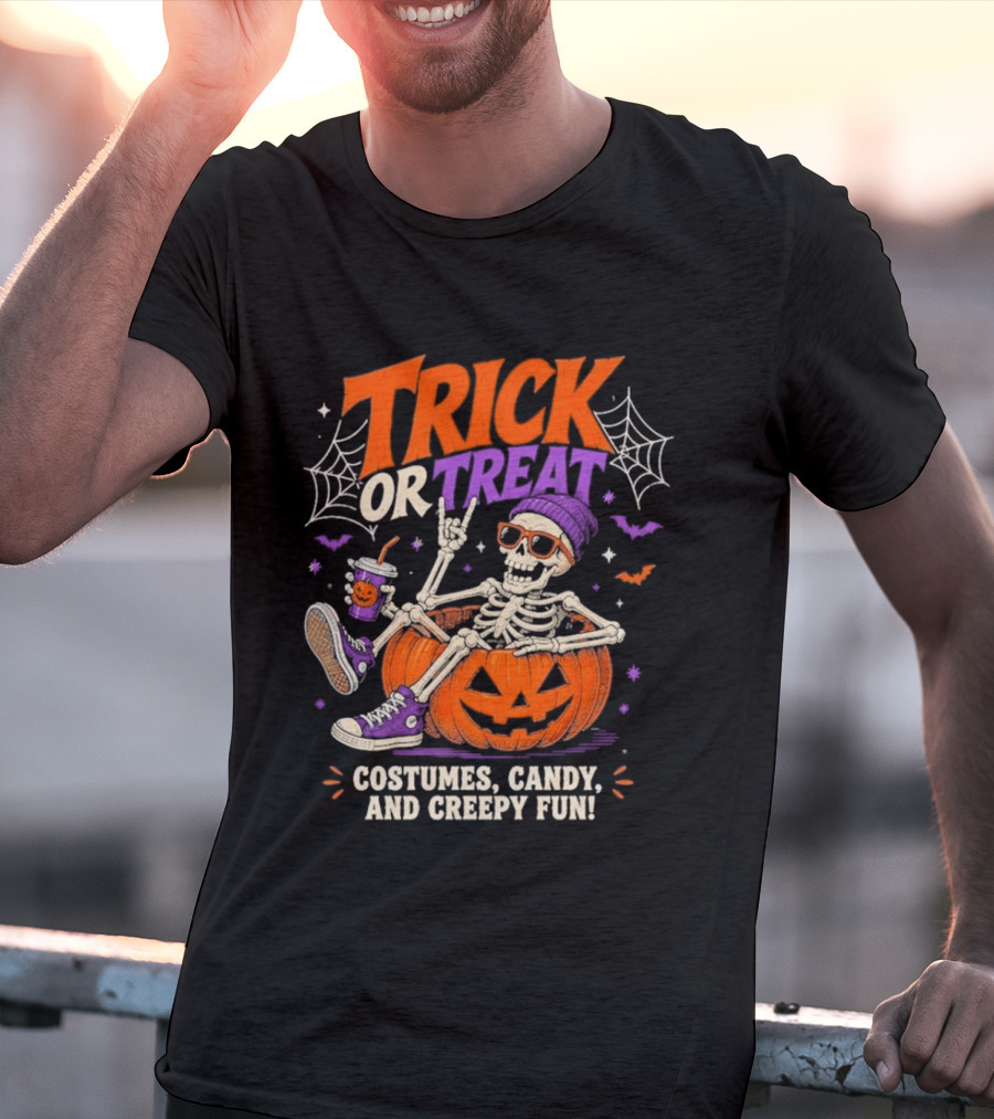 Skeleton Trick Or Treat Costumes Candy And Creepy Fun Halloween Party T-Shirt