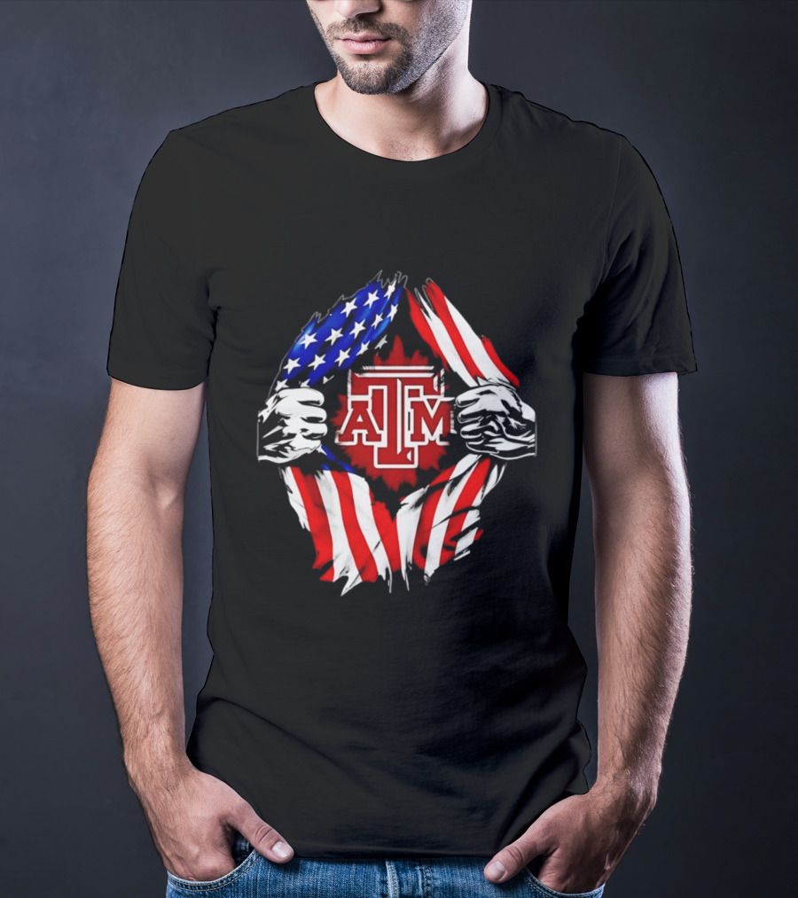 Texas A And M University Ripped Chest American Flag T-Shirt