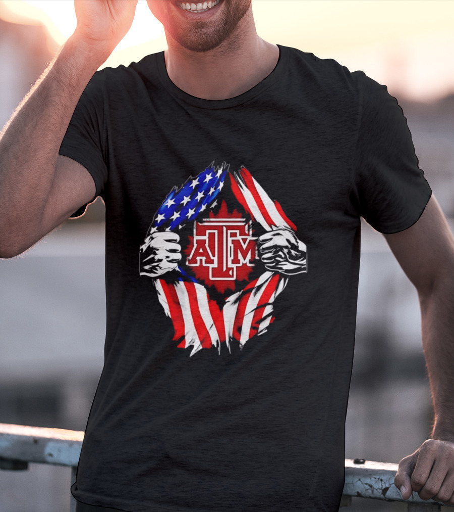 Texas A And M University Ripped Chest American Flag T-Shirt
