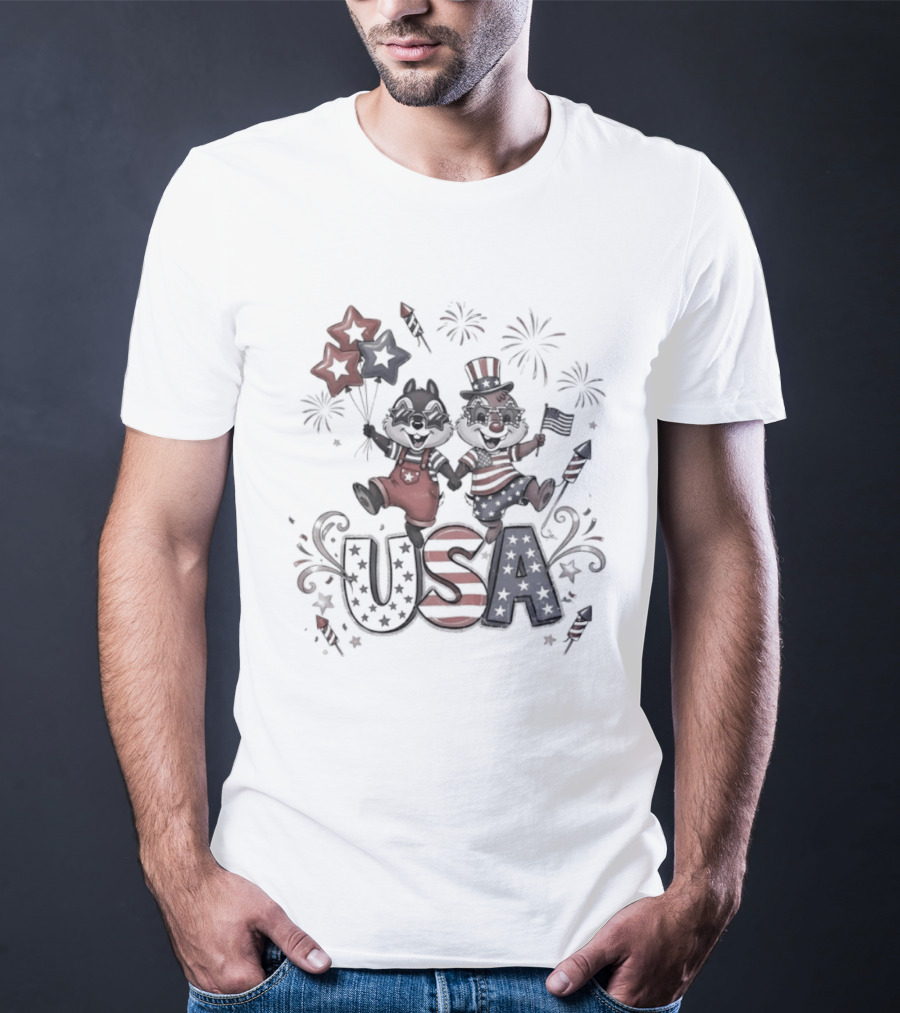 Chip And Dale USA Patriotic Fireworks Stars And Stripes Fourth Of July T-Shirt