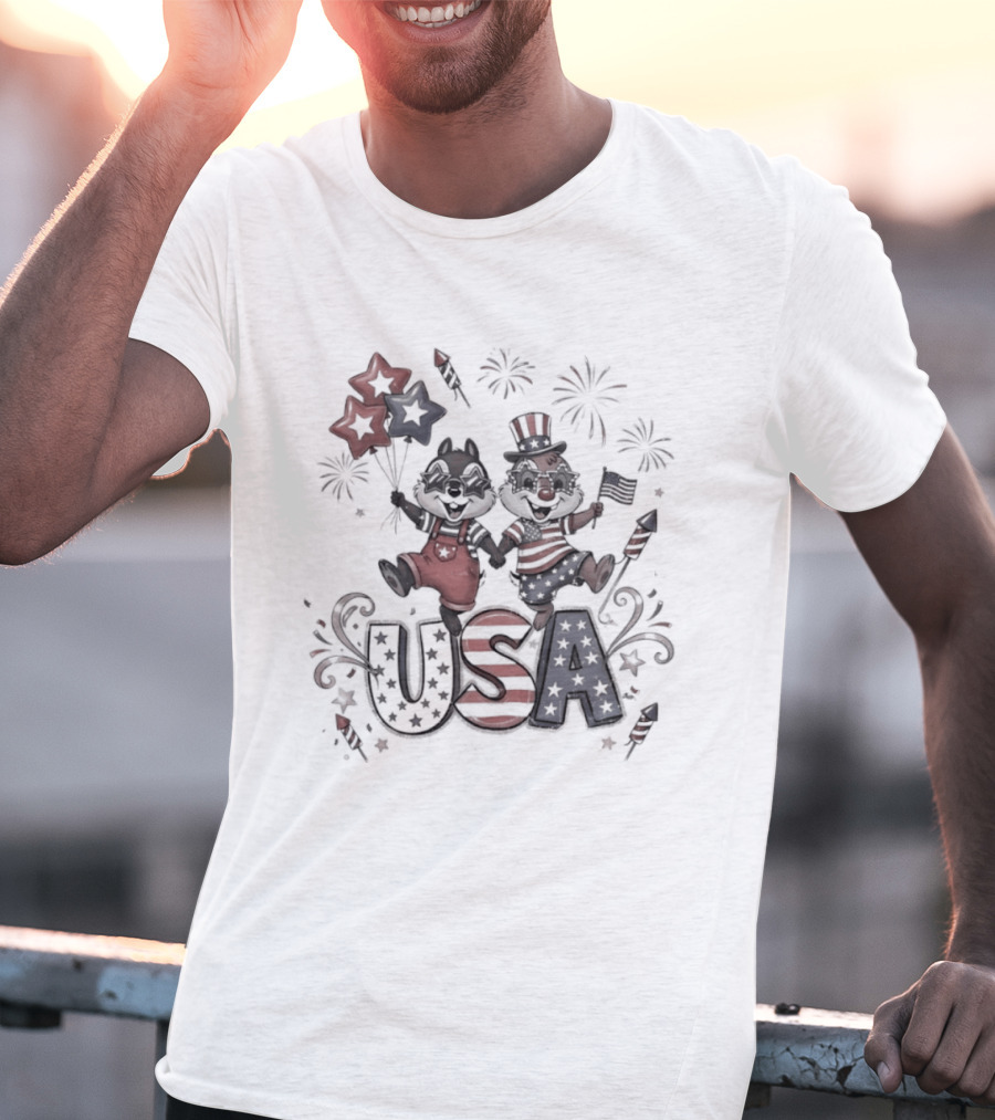 Chip And Dale USA Patriotic Fireworks Stars And Stripes Fourth Of July T-Shirt