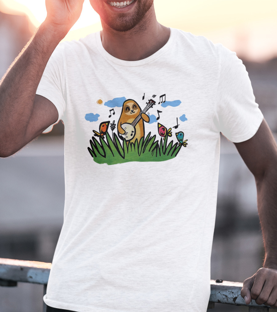 Sloth Happy Playing The Banjo With Singing Birds T-Shirt