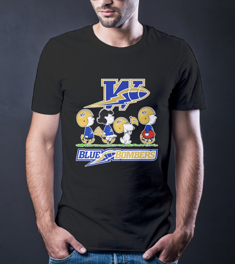 Peanuts Characters Winnipeg Blue Bombers CFL Collaboration Charlie Brown Snoopy Lucy Football Helmets T-Shirt
