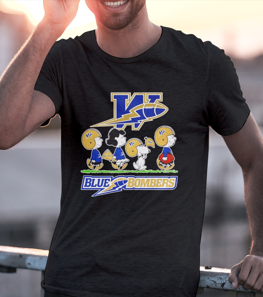 Peanuts Characters Winnipeg Blue Bombers CFL Collaboration Charlie Brown Snoopy Lucy Football Helmets T-Shirt