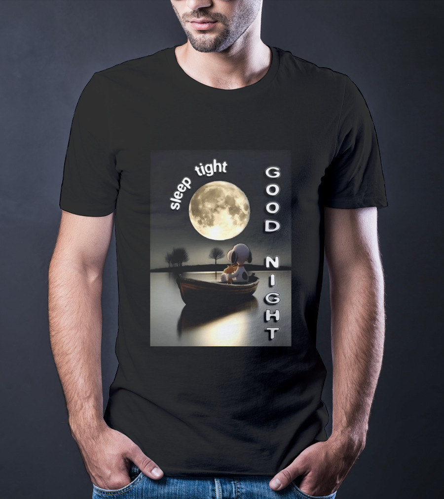 Sleep Tight Good Night Snoopy And Woodstock Moonlight Boat Scene T-Shirt