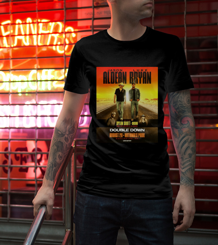 Jason Aldean Luke Bryan Double Down August 20 Nationals Park Washington D.C. With Dylan Scott Dasha Dee Jay Silver Dj Rock Live Nation T-Shirt