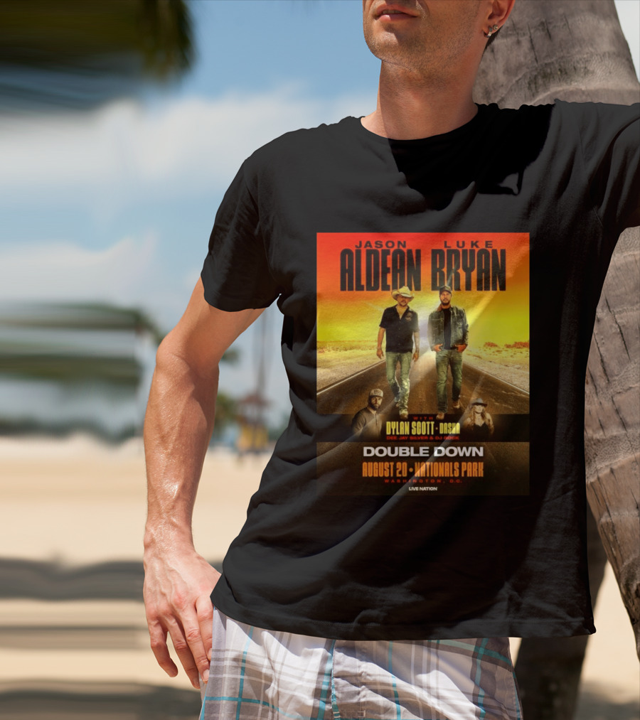 Jason Aldean Luke Bryan Double Down August 20 Nationals Park Washington D.C. With Dylan Scott Dasha Dee Jay Silver Dj Rock Live Nation T-Shirt