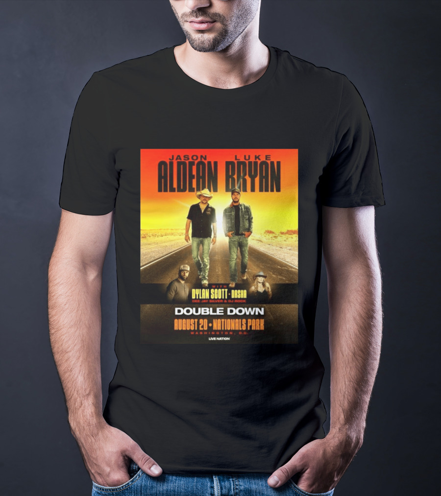 Jason Aldean Luke Bryan Double Down August 20 Nationals Park Washington D.C. With Dylan Scott Dasha Dee Jay Silver Dj Rock Live Nation T-Shirt