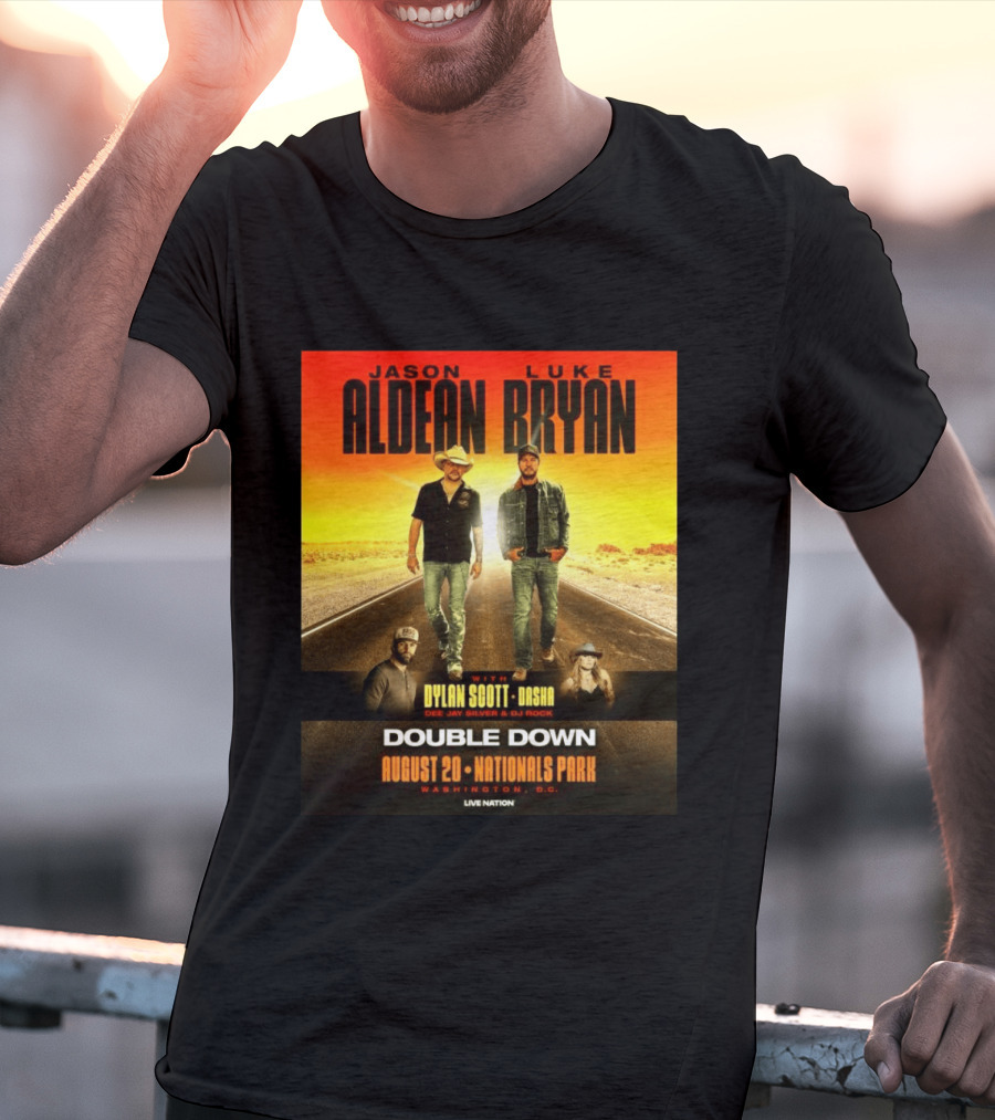 Jason Aldean Luke Bryan Double Down August 20 Nationals Park Washington D.C. With Dylan Scott Dasha Dee Jay Silver Dj Rock Live Nation T-Shirt
