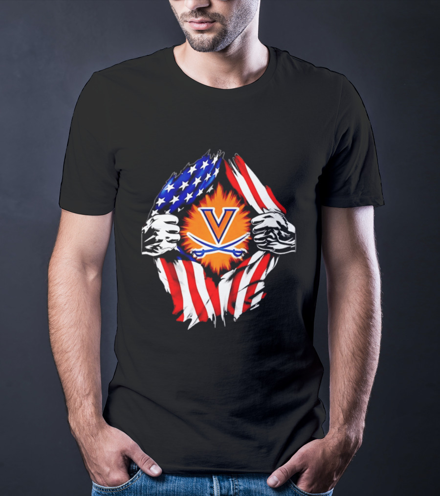 Virginia Cavaliers American Flag Ripped Chest V T-Shirt