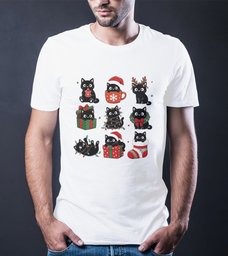 Black Cats Christmas Grid T-Shirt