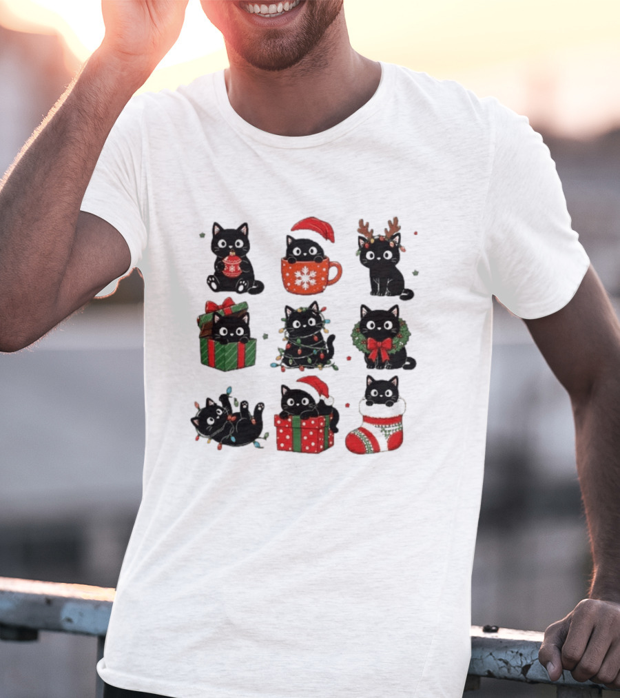 Black Cats Christmas Grid T-Shirt