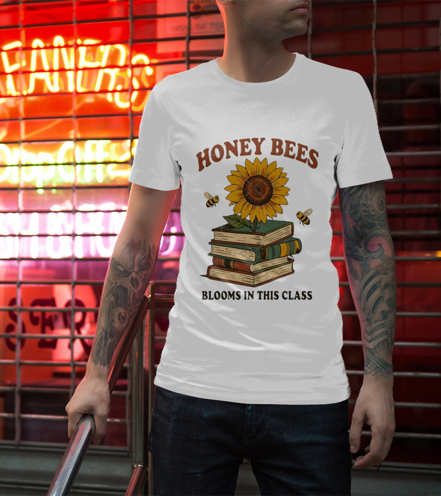 Honey Bees Blooms In This Class Sunflower And Books T-Shirt