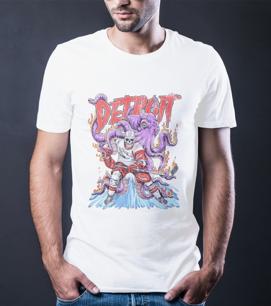 Detroit Red Wings Skeleton Hockey Octopus Distressed T-Shirt