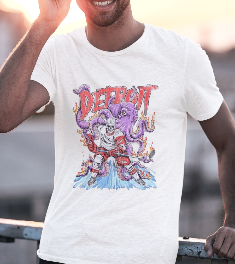 Detroit Red Wings Skeleton Hockey Octopus Distressed T-Shirt