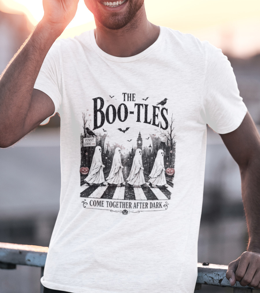The Boo Tles Come Together After Dark Halloween Ghostly Abbey Road Bats Pumpkins T-Shirt