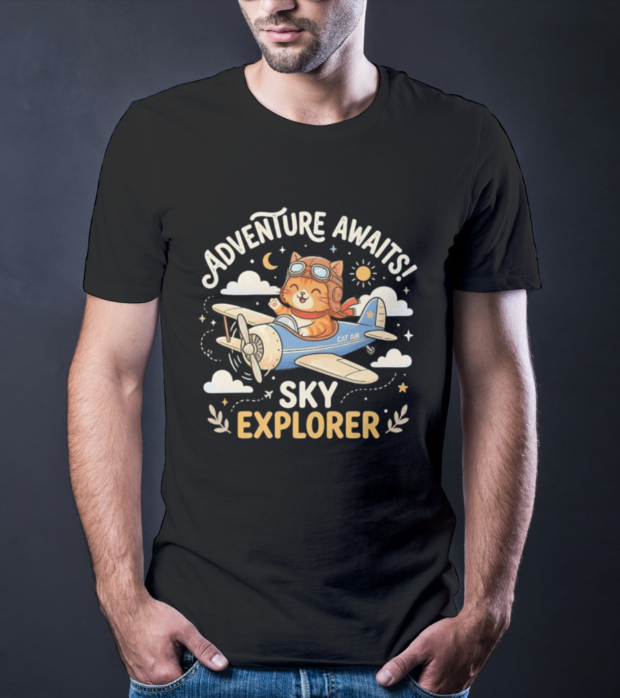 Adventure Awaits Cat Sky Explorer Airplane T-Shirt