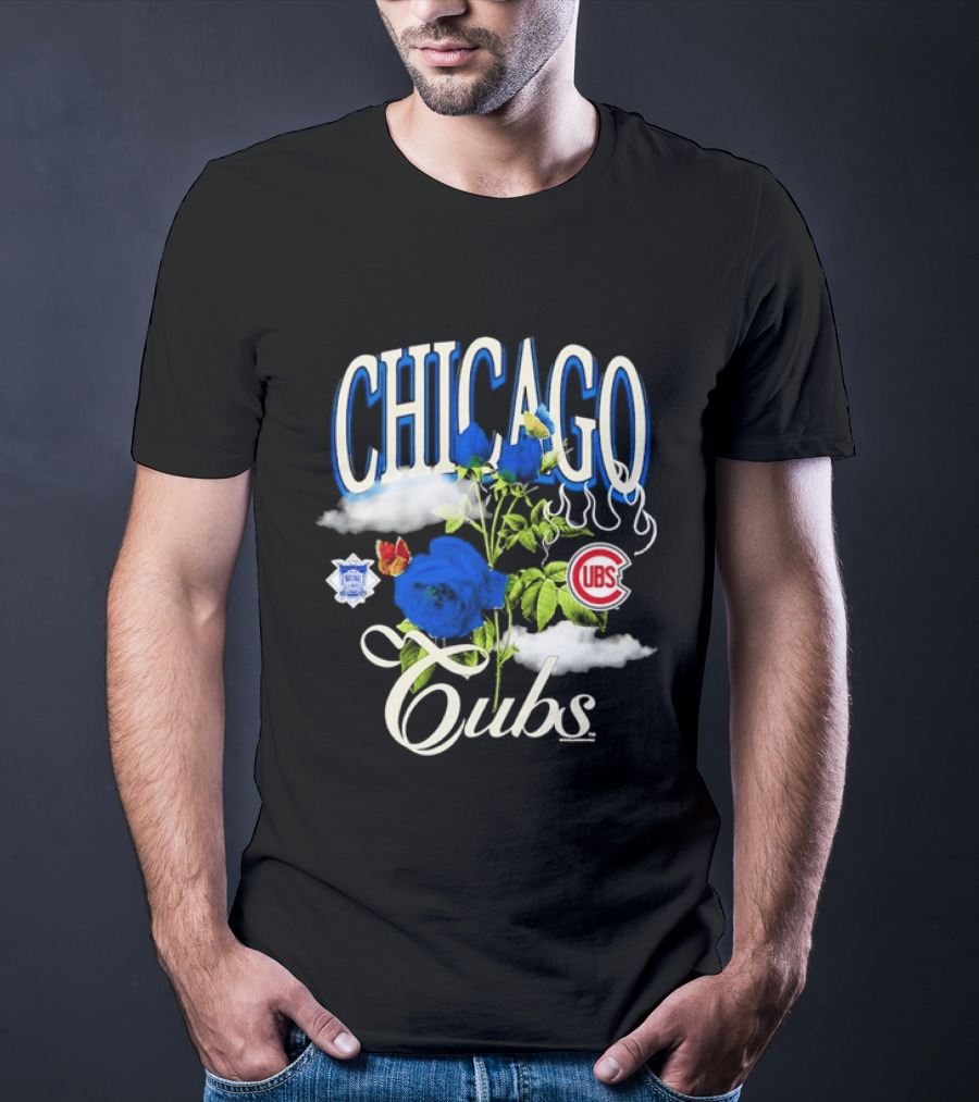 Chicago Cubs National League Blue Floral Rose Clouds T-Shirt