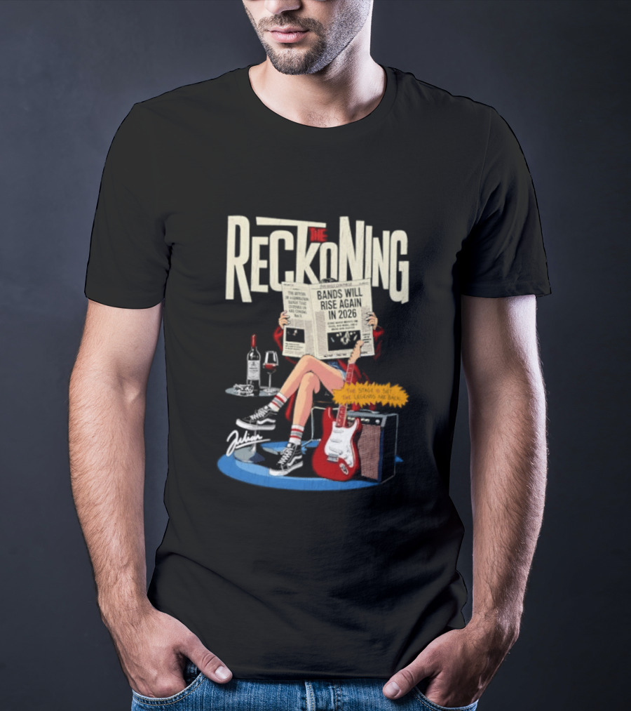 The Reckoning Bands Will Rise Again 2026 Woman Reading Newspaper Red Electric Guitar Amp T-Shirt