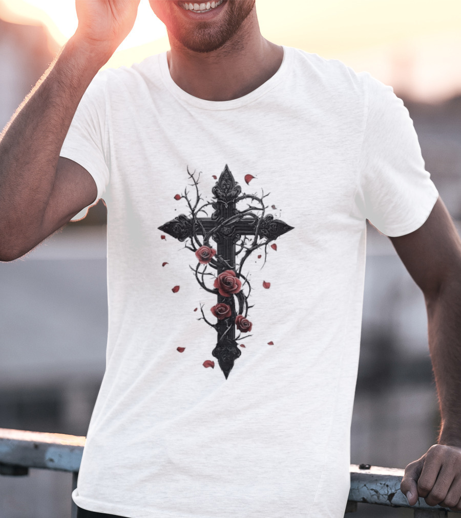 Gothic Cross Red Roses Thorns Religious Symbol Roses T-Shirt