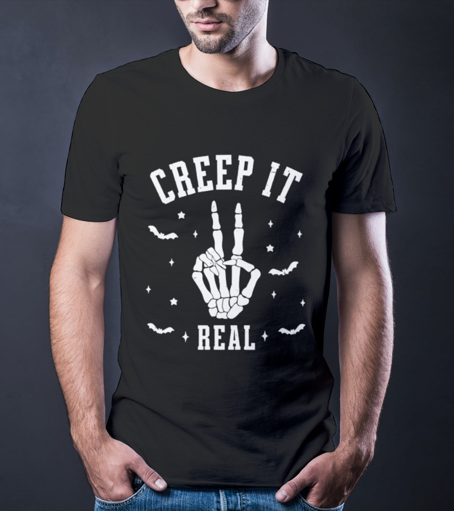 Creep It Real Skeleton Hand Peace Sign Halloween Bats Stars T-Shirt