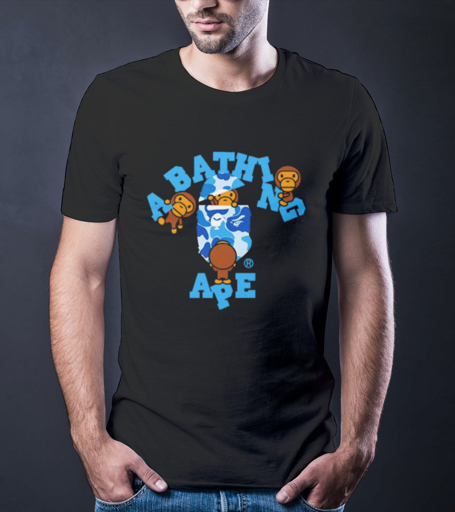 A Bathing Ape ABC Camo College Milo Blue BAPE Monkeys T-Shirt