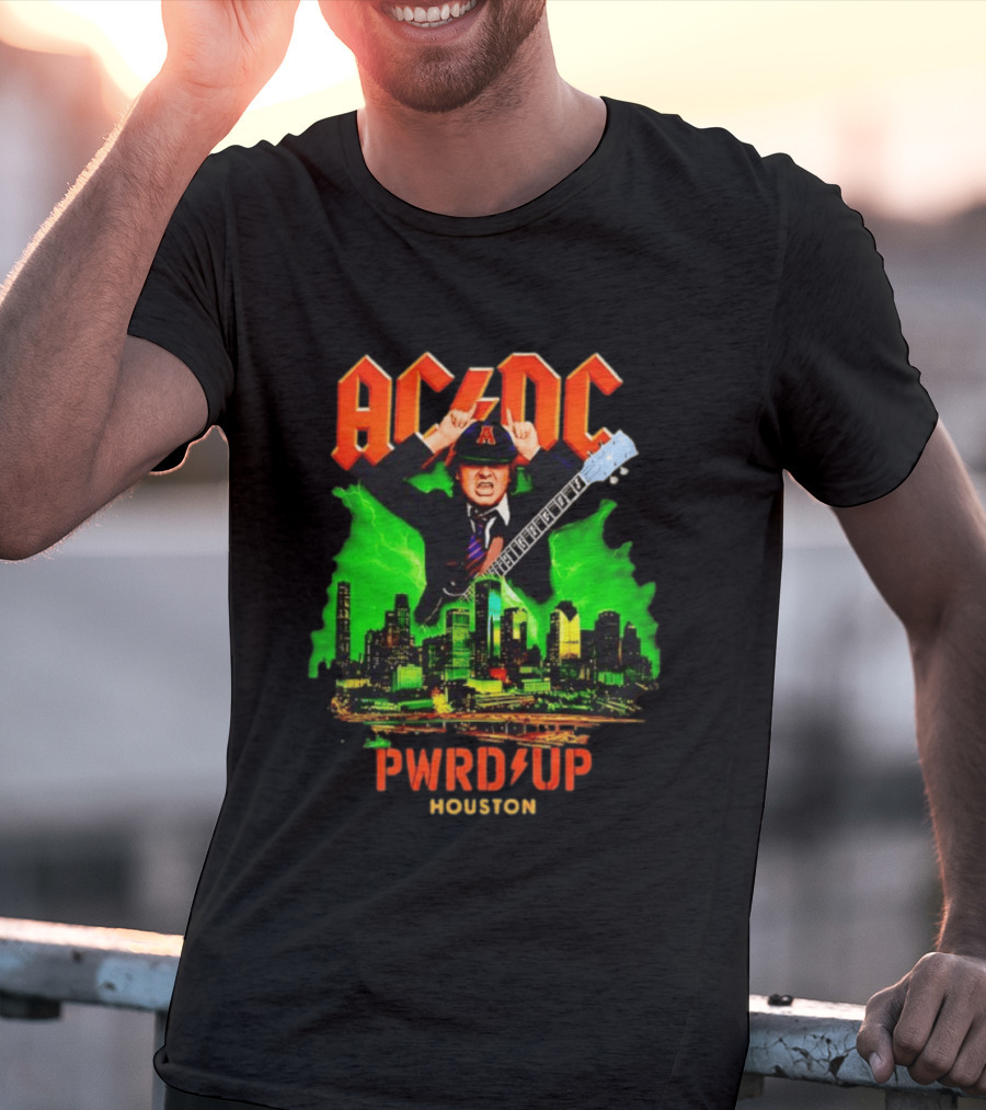 AC DC Angus Young Pwr Up Houston Hard Rock Skyline Electric Guitar T-Shirt
