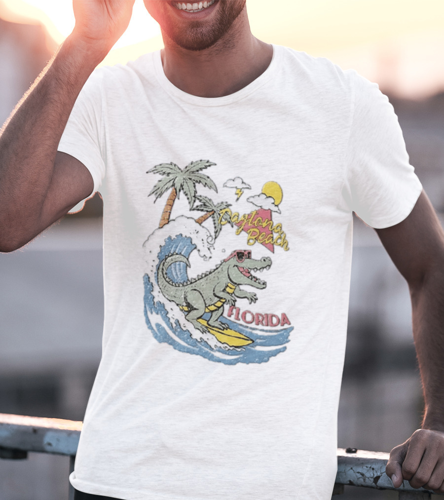 Daytona Beach Florida Surfing Alligator With Palm Trees And Sunglasses T-Shirt