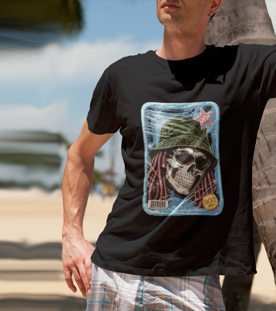Skull With Dreadlocks Wearing Green Bucket Hat Sunglasses New Star Label T-Shirt