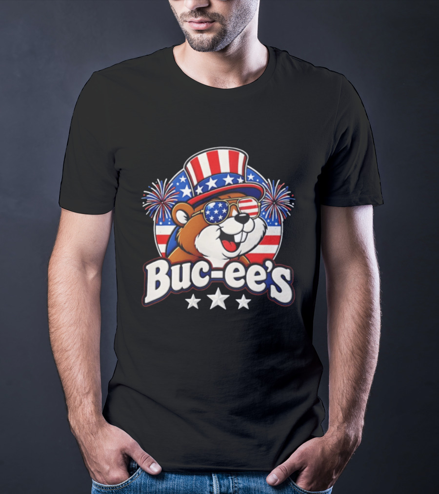 Buc Ee's Patriotic Beaver Fireworks Hat And Sunglasses Celebration T-Shirt